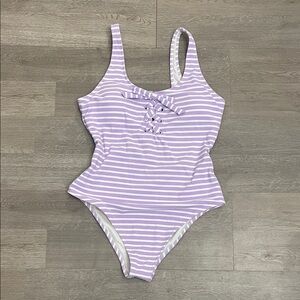 AERIE large long one piece Purple Striped Swimsuit NEW